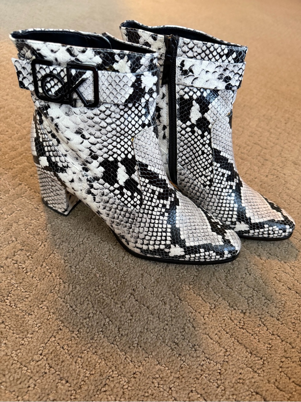 Calvin Klein Black & White Snake-Print Ankle Booties with CK Accent